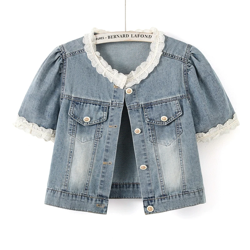 

Fashion Lace Patchwork Blue Slim Thin Short Jeans Jacket Coatsummer Women Round Collar Single-Breasted Short Sleeve Denim Jacket