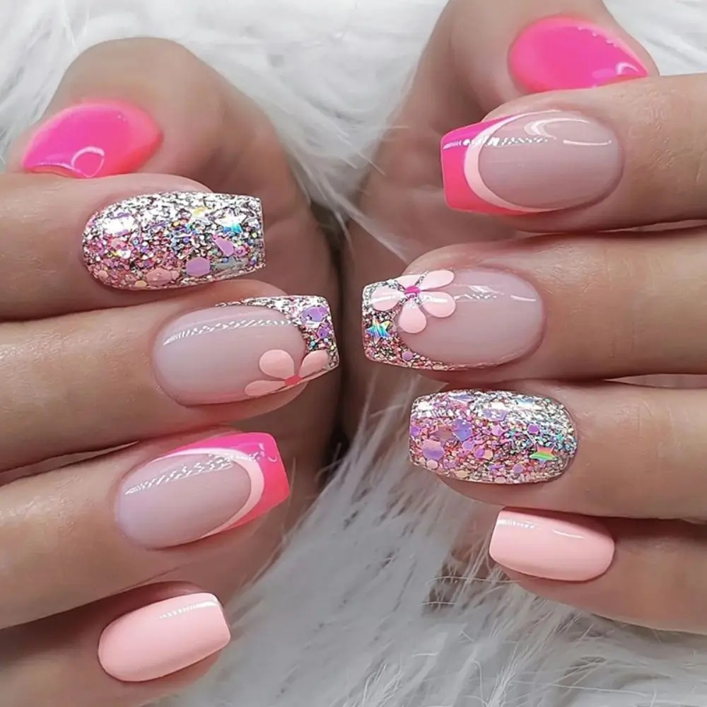 New Short Ballerina False Nails French Blue White Wavy Fake Nails Lovely Stars Pink Flowers Nail Tips Women Girls