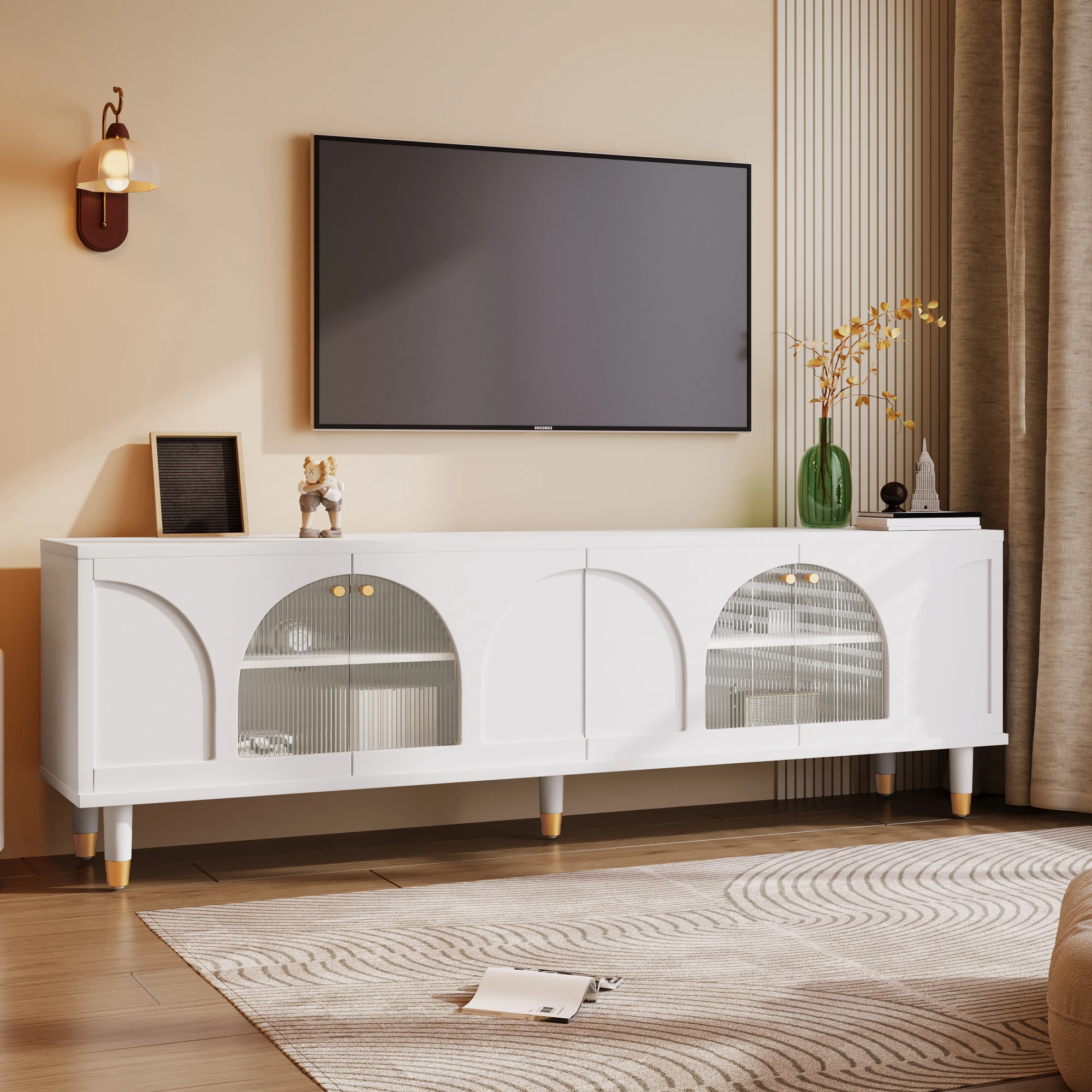 Elegant White TV wardrobe with arched glass fluted doors, 4 doors-173x38x59 cm - Modern design