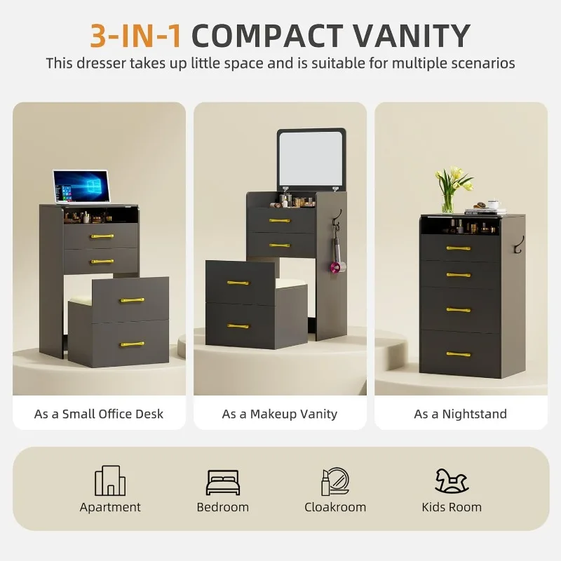 3 in 1 Vanity Table with Top Mirror, Compact Vanity Table, 3 Drawers, Upholstered Tools, Bedroom Vanity Table Small Table