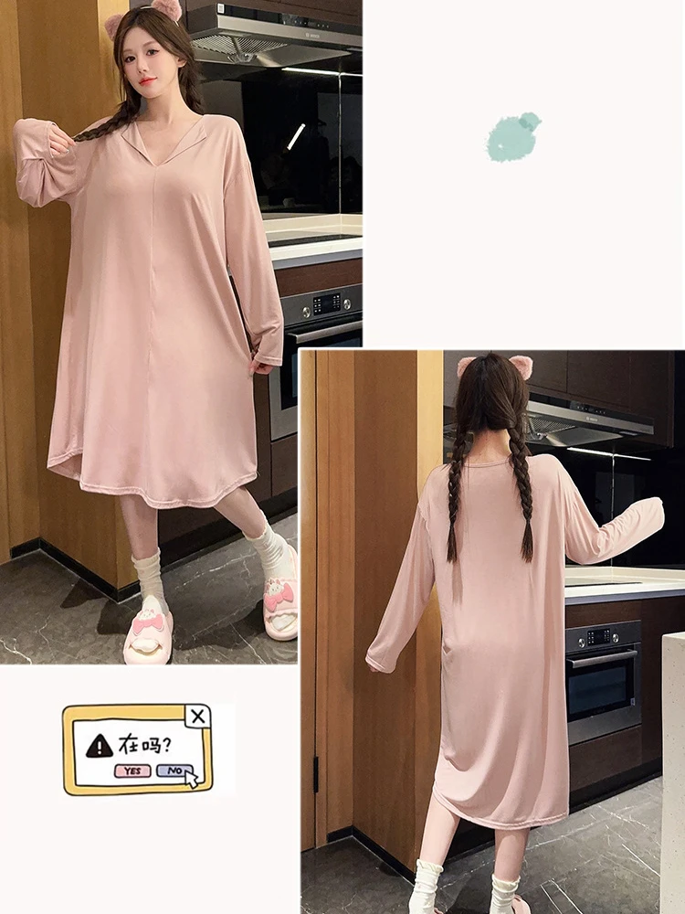 5XL Plus Size Autumn Winter Modal Pajamas Women\'s Solid Simple Nightgown with Chest Pads Long Sleeved Loungewear Home Clothes