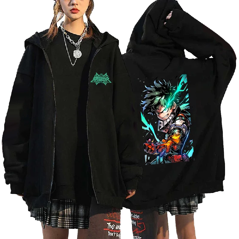 Hot Anime My Hero Academia Midoriya Izuku Graphic Print Hooded Men Women Manga Zip Hoodies Loose Sweatshirt Harajuku Zip Jacket