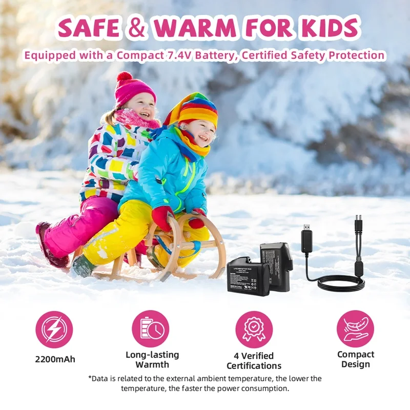 Kids Electric Heated Mittens, Rechargeable Waterproof Winter Skiing Snowboarding Gloves, 3 Heat Levels for Boys Girls, Pink