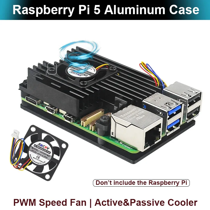 Raspberry Pi 5 Aluminum Alloy Case Armored Shell PWM Speed Silent Cooling Fan Metal Heat Dissipation Protection Box for RPi5