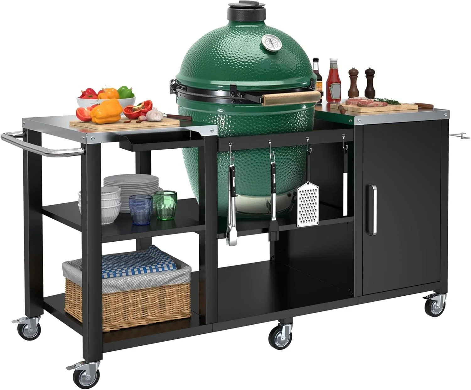 Grill Table for Big Green Egg Style Grills, Heavy Duty Outdoor Grill Station Prep Table Metal Green Egg Stand Storage Compatible