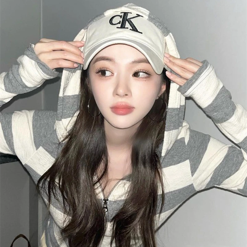 

Новая осенне-зимняя женская толстовка-свитшот в полоску с капюшоном, на двойной молнии, приталенная, универсальная, в стиле Dongda Gate