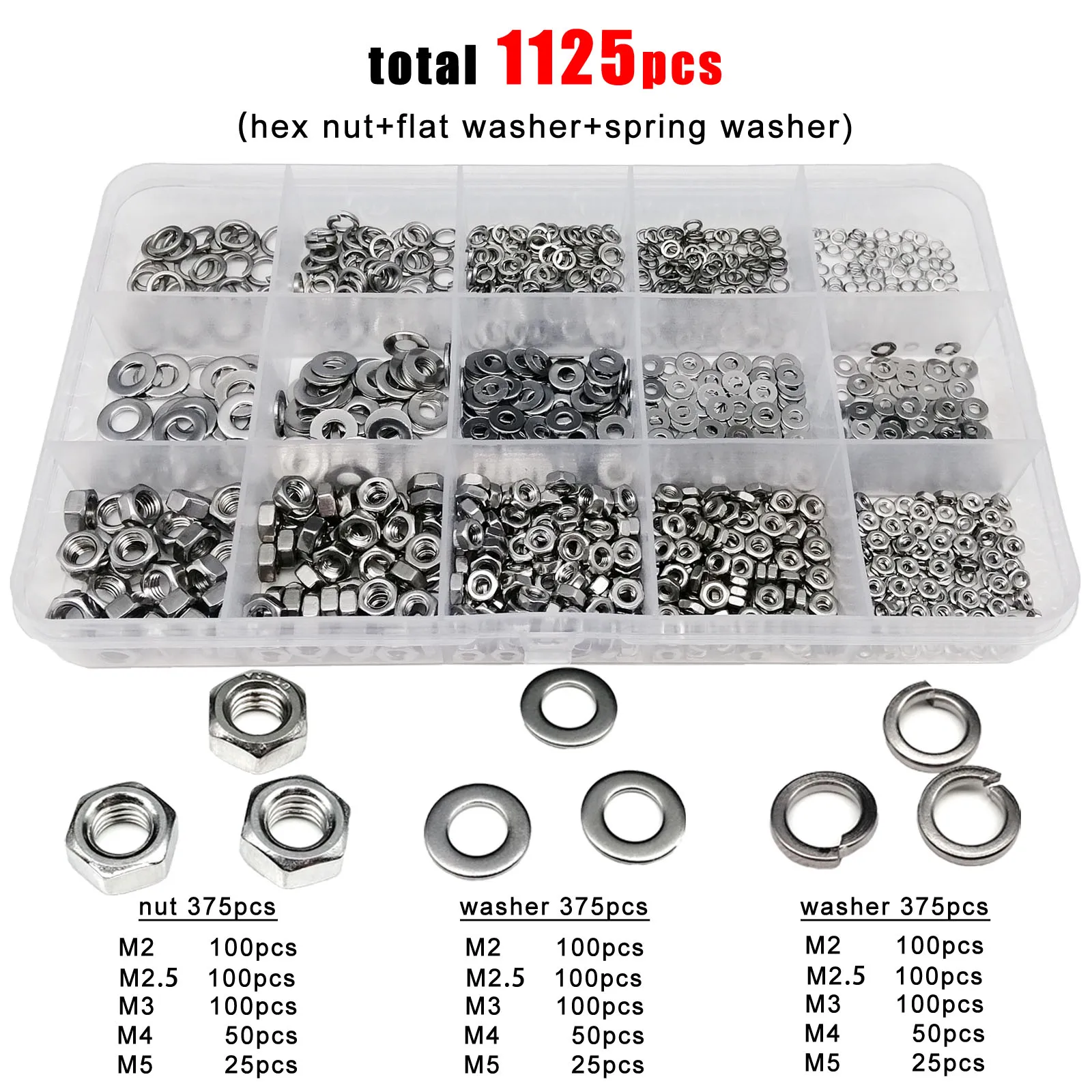 1 Box 1125pcs M2 M2.5 M3 M4 M5 304 A2-70 Stainless Steel Mix Hex Hexagon Nut Flat Washer Spring Lock Gasket Assortment Kit Set