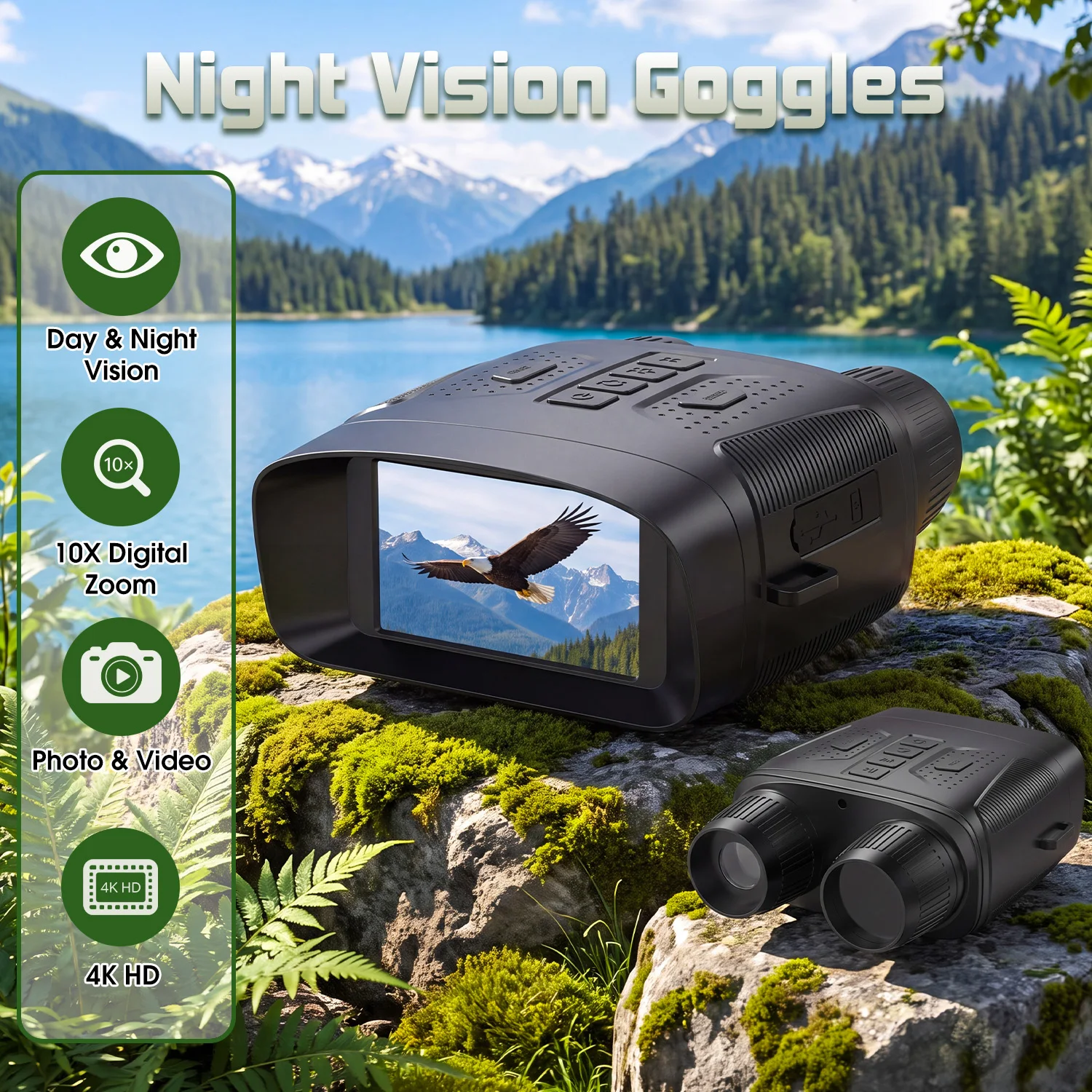 Infrared Night Vision Goggles 4K HD, with 3" Screen&10X Digital Zoom Camera, 2500mAh Battery USB Rechargeable Binoculars, for Wildlife Observation Hunting Camping Hiker Backpackers