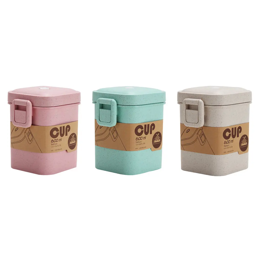 

3pcs Microwave Soup Cup Square Sealed Porridge Container Wheat Straw Material Leakproof Lid Storage Jar For Breakfast Household