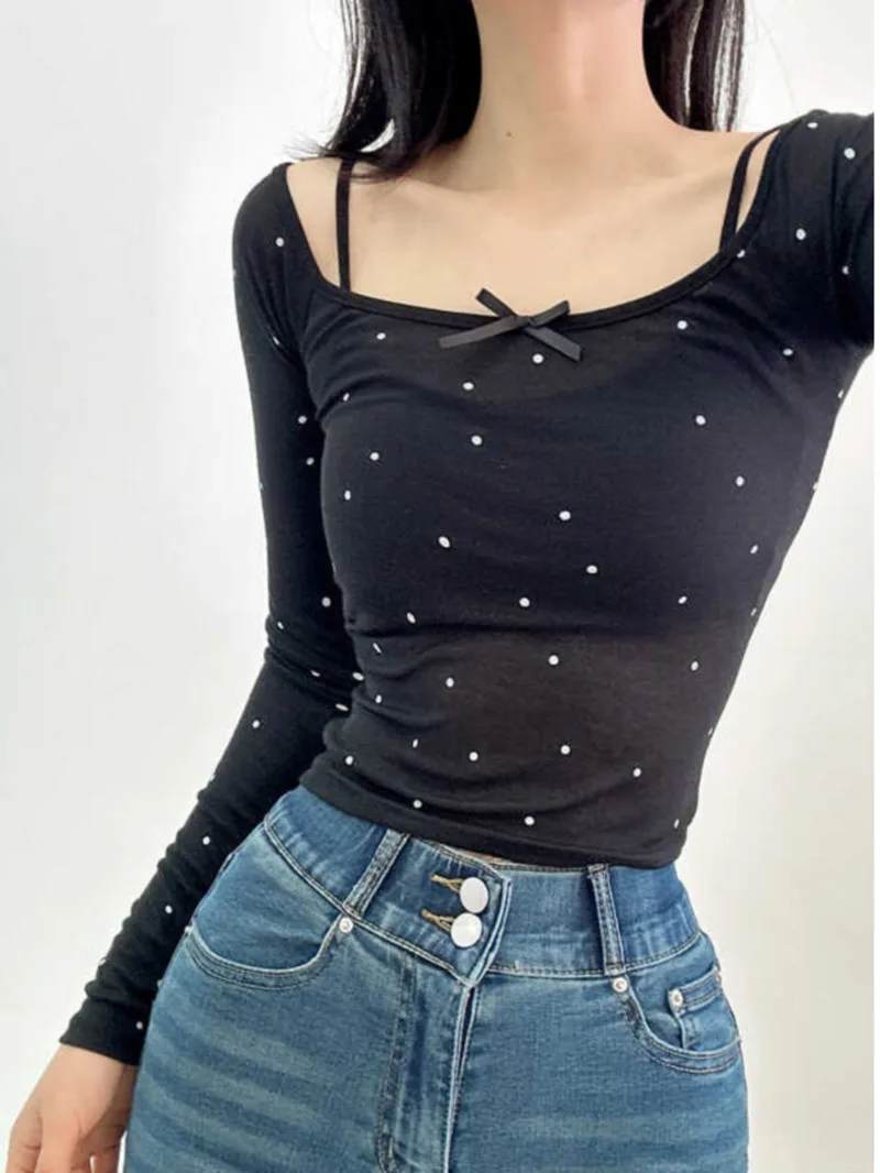 Summer One 2024 Off Shoulder Pure Desire Slim Long Sleeve T-shirt Women Sling Vest Two Piece Set Bow Low Collar Top RVQQ