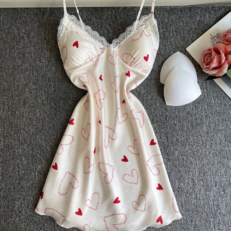 2023 Short Nightdress Female Sexy Sleepwear Upscale Silk Satin Sleepdress Soft Women Underwear Lace Nightdress Sweet Homewear