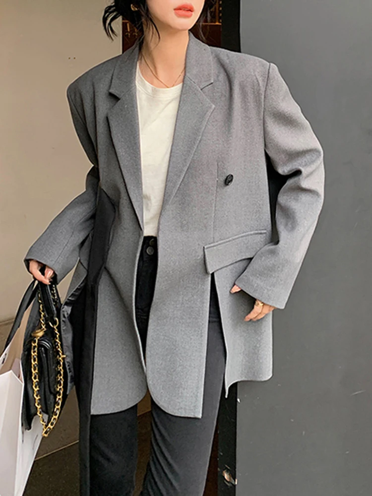 YERMORA Gray Slit Belt Casual Blazer For Women Lapel Long Sleeve Loose Fit Jacket Fashion Tide Spring Autumn 2025 New A224