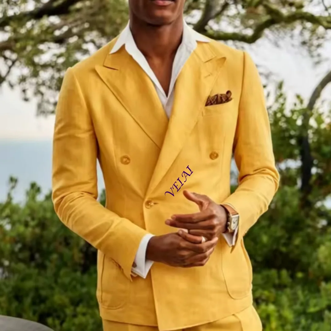 CustomizedSummer Linen Double Breasted Suits for Men 2 Pieces Separates Blazer Pants for Beach Wedding Casual Party Guest Men Su