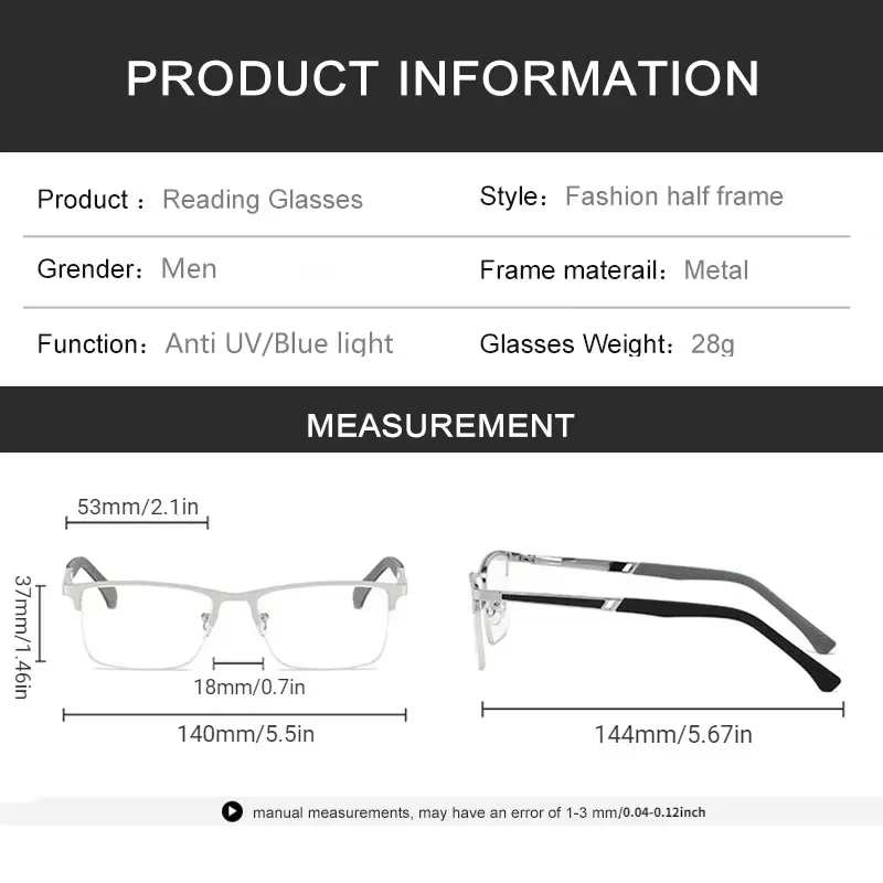 Men's Half-frame Business Reading Glasses Anti-blue Light Anti-fatigue Metal Frame Presbyopia Glasses +1.0 To +4.0 image 3