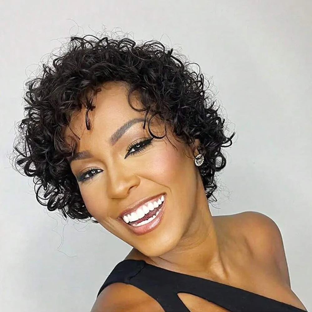 رطب ومموج قصير مجعد عابث قطع شعر مستعار البرازيلي خصلات الشعر المستعار الإنسان مع الانفجارات قبل قطعها للنساء آلة صنع جاهزة لارتداء #2