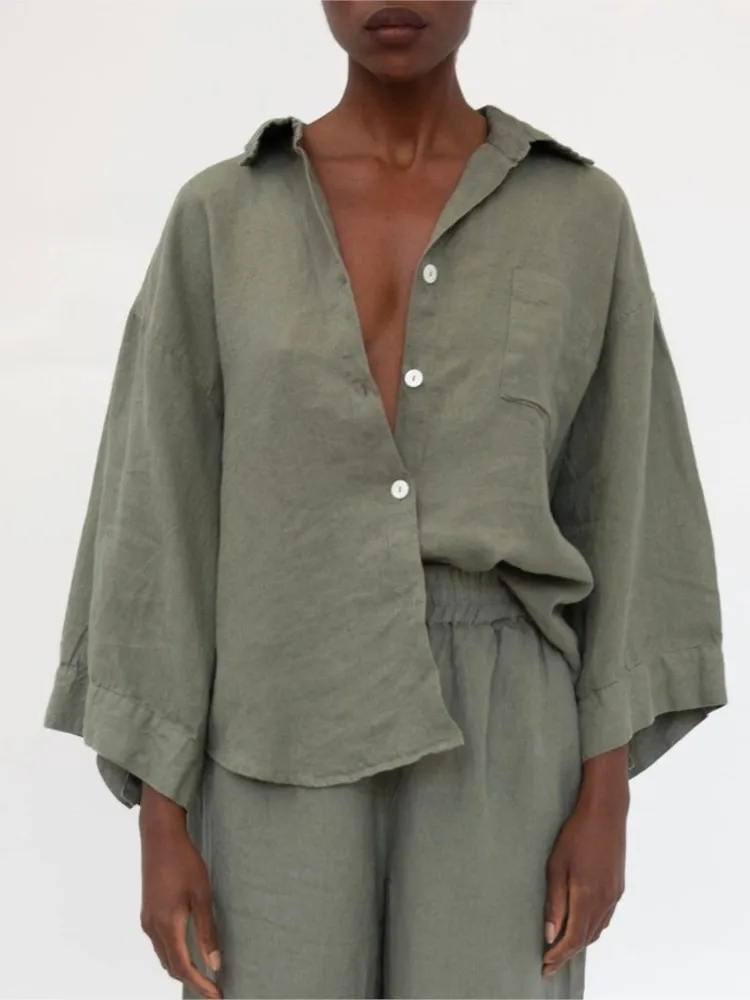 

Women's Casual Solid Two Piece Sets Long Sleeve Buttons Lapel Shirt Tops And Shorts Outfits Female Summer Loose Chic Ladies Suit