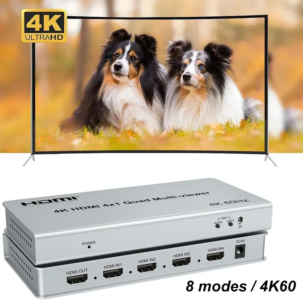 HDMI Multiviewer 4x1 with PIP Quad Screen Multi Viewer Seamless Switch 4 in 1 Out 4K 60Hz 90 180 270 Degree Flip 8 Display Modes