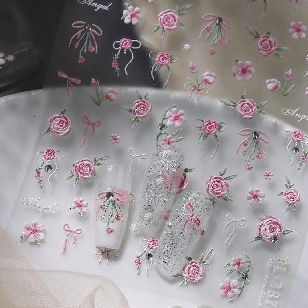 

Pink White Rose Flowers Bowknot Rhinestone 5D Embossed Reliefs Self Adhesive Nail Art Stickers Lovely Manicure Decals Wholesale