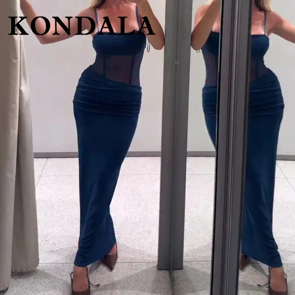 KONDALA Chic verano Sexy elegante vaina plisado vestido de mujer Patchwork Cami vestido largo moda 2025 Vestidos de fiesta nocturna de cumpleaños