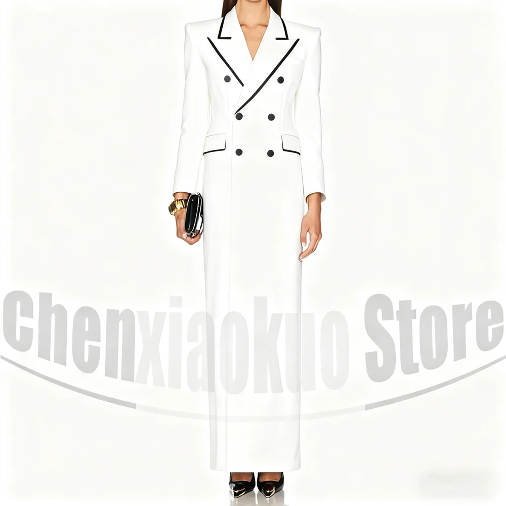 Women's Long Blazer with Black Trim Design Peak Lapel Coat Fashion Double Breasted Formal Elegant Ankle Length Party Prom Jacket