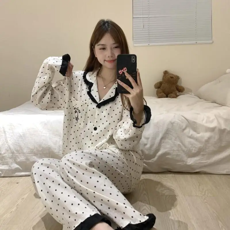 

Женские пижамы в горошек с котенком, весенне-осенний комплект студенческой домашней одежды с длинными рукавами, милая ночная рубашка для девочек, модная одежда для дома
