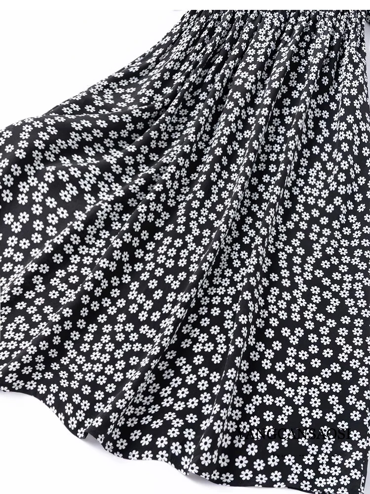 アーティスティックな黒と白の花柄、100%天然桑絹クレープデシン、ラウンドネック、ランタンスリーブ、ゴムウエストのレディースドレス