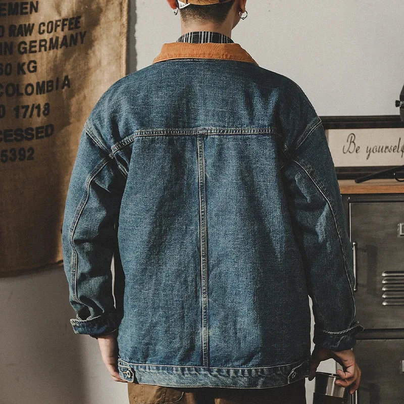 American classic retro color matching denim jacket for men spring autumn style trendy handsome washed workwear