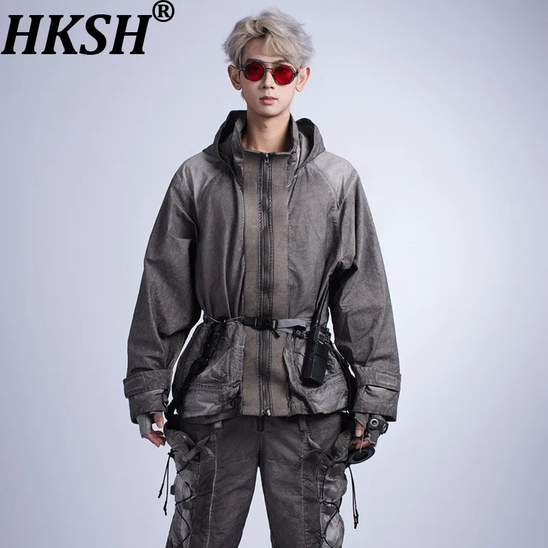HKSH Spring Autumn Men Dark Vintage Three-dimensional Pocket Jacket Waste Land Dirty-Dyed Pocket Hooded Windbreaker Coat HK26809