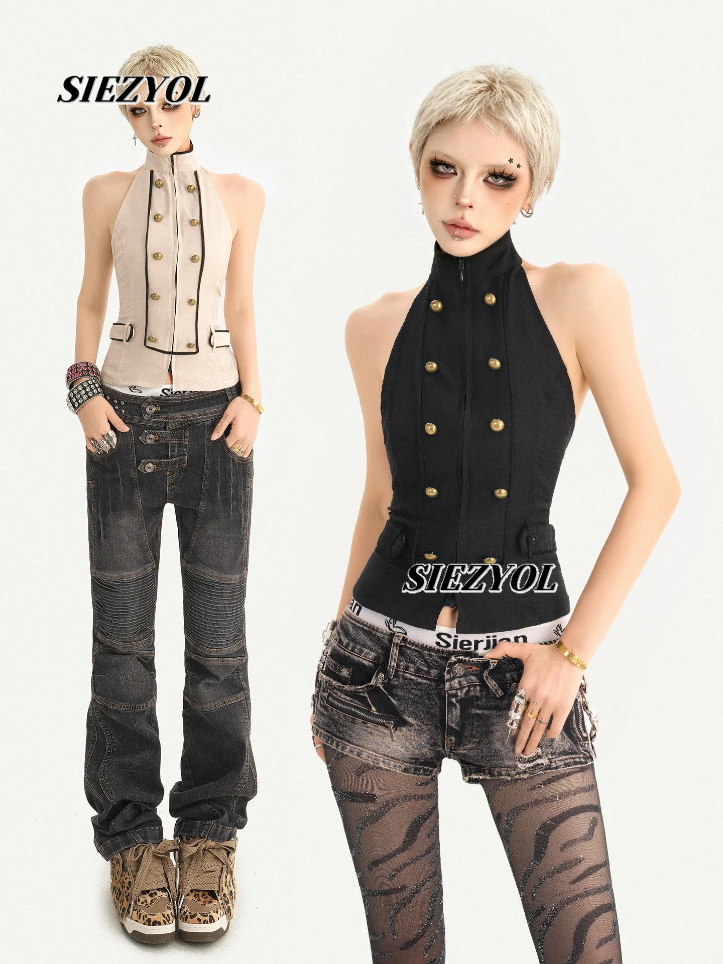 Vintage Court Style Punk Hottie Stand-up Collar Neck Vest Sweet Beautiful Woman Sleeveless Backless Slimming Tank Tops