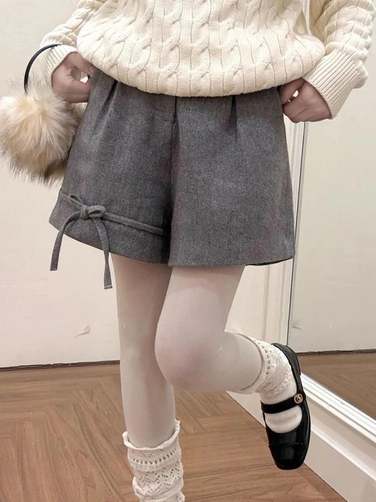 

Японские шорты с милым бантом, женские серые универсальные свободные повседневные винтажные шорты с высокой талией, осенние прямые шорты в стиле каваи в стиле ретро