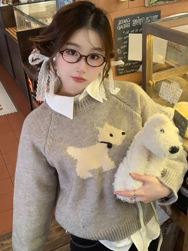 

Вязаный свитер с мультяшным рисунком собаки, утепленный, с длинными рукавами, круглым вырезом, с цветочным узором, свободного кроя, женский трикотаж