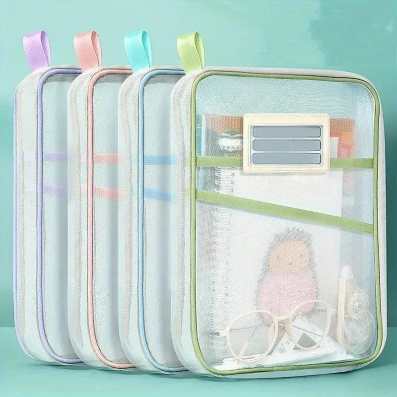 A4 Zipper File Bag Nylon Documents Storage Three Layers Thick Mesh Fabric Transparent Pouch for Books Office Students Supplies image 2