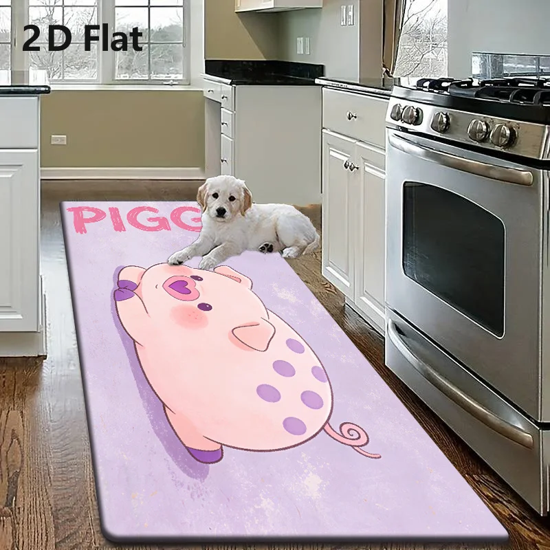 Flanell-Matte für Küche und Flur, mit dem Cartoon-Schwein „PIGGY“; Geeignet für Badezimmer- und Waschküchenmatten