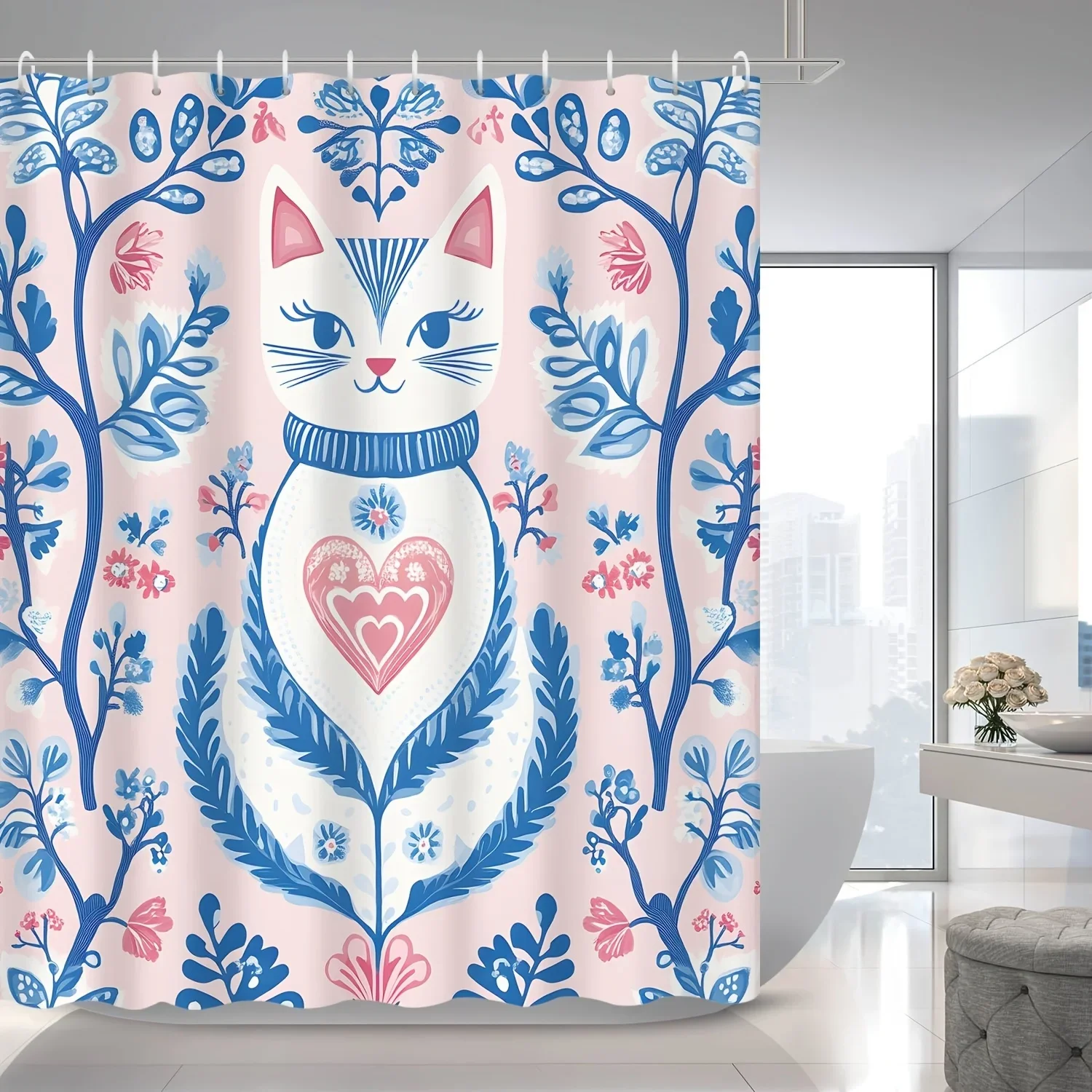 

1 шт., розовый фон в богемном стиле, тема, креативная перегородка для домашних животных, кошек, растений, ветки листьев, занавеска для душа, полиэфирная ткань