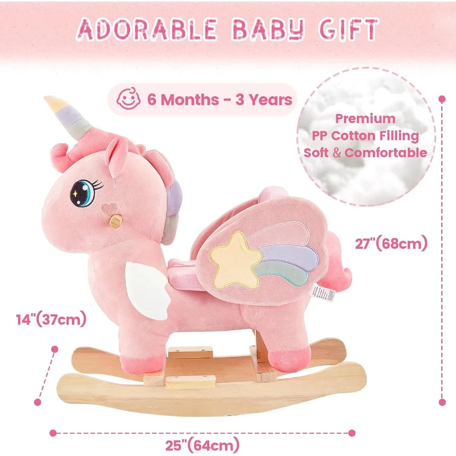 Cheval à bascule licorne pour bébé, cheval à bascule licorne féerique rose pour tout-petits de 6 mois à 3 ans, bascule en peluche, Ea