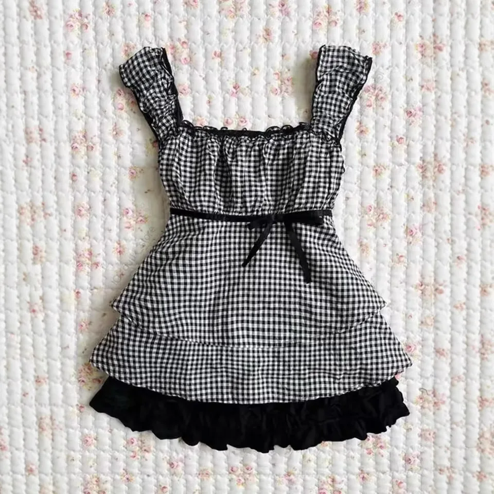 Y2k Kawaii Cute Korean Style Harajuku Summer emo Aesthetic Trendy Checkered Patchwork Dress Slimming fit Skirt long T-shirt top