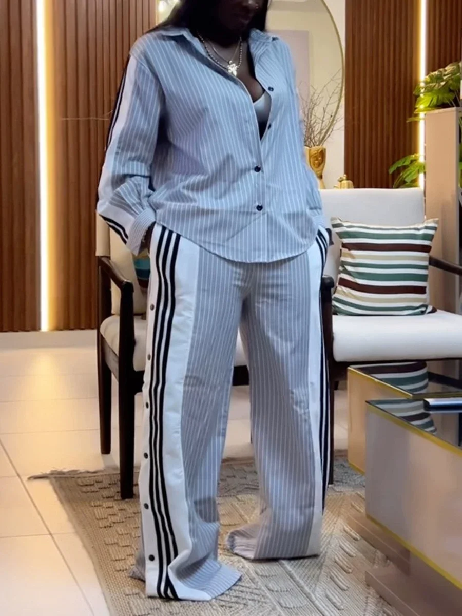 

Повседневные свободные комплекты из двух предметов в полоску для женщин, топ с длинными рукавами и лацканами, брюки с высокой талией, шикарный комплект, женская мода, новинка