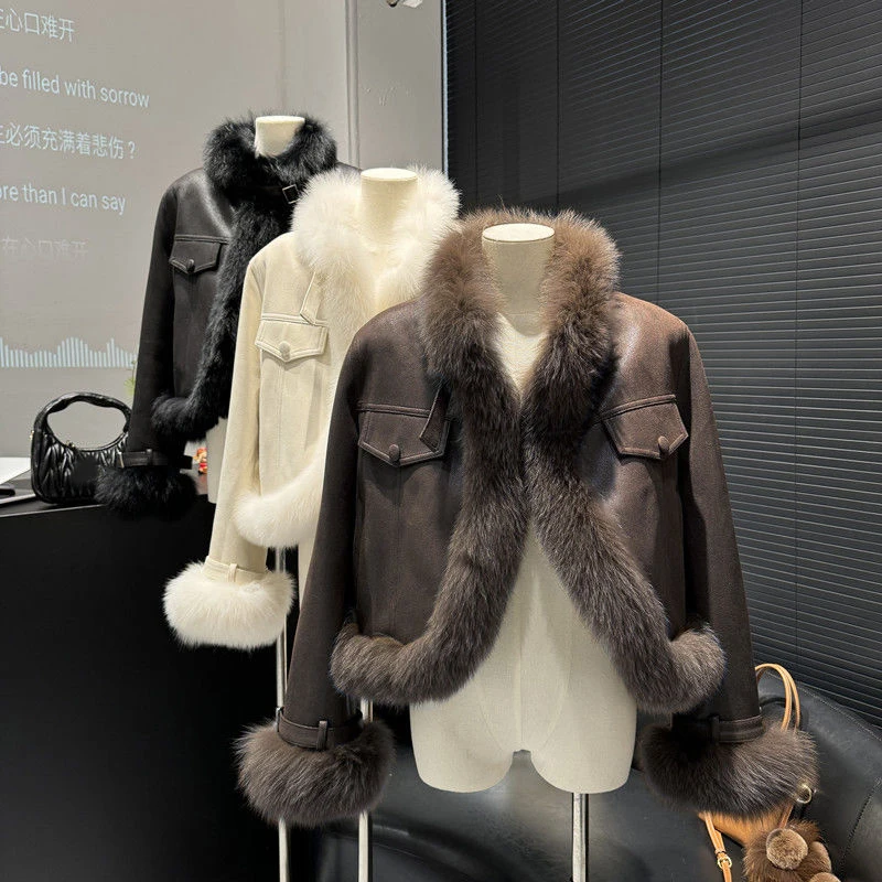 

Y2K Faux Fur Cropped Jacket Women Vintage Streetwear Fur Collar Patchwork Cardigan Autumn Winter Hottie Slim Harajuku Outwear
