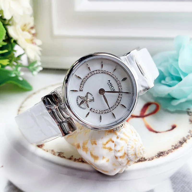 Elegant MIGE Women Quartz Wrist Watch, White Leather Band, Bow Decor, Shell Dial with Starfish & Crystal, Sapphire Crystal Ladie