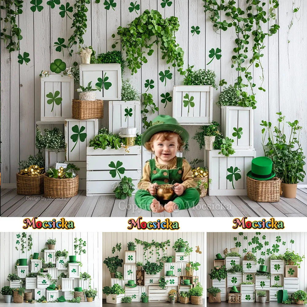 Mocsicka St. Patrick's Day Photography Backdrop Clover White Wooden Box Background Kids 1st Birthday Cake Smash Photo Studio