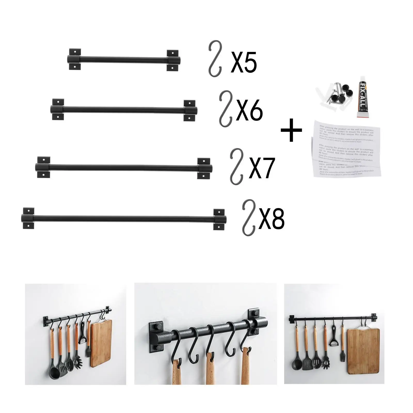 Kitchen Rail Rack with 1Hooks, Utensil Rack Wall Mounted, ing Utensil Holder for Utensils Set and Cookware Black