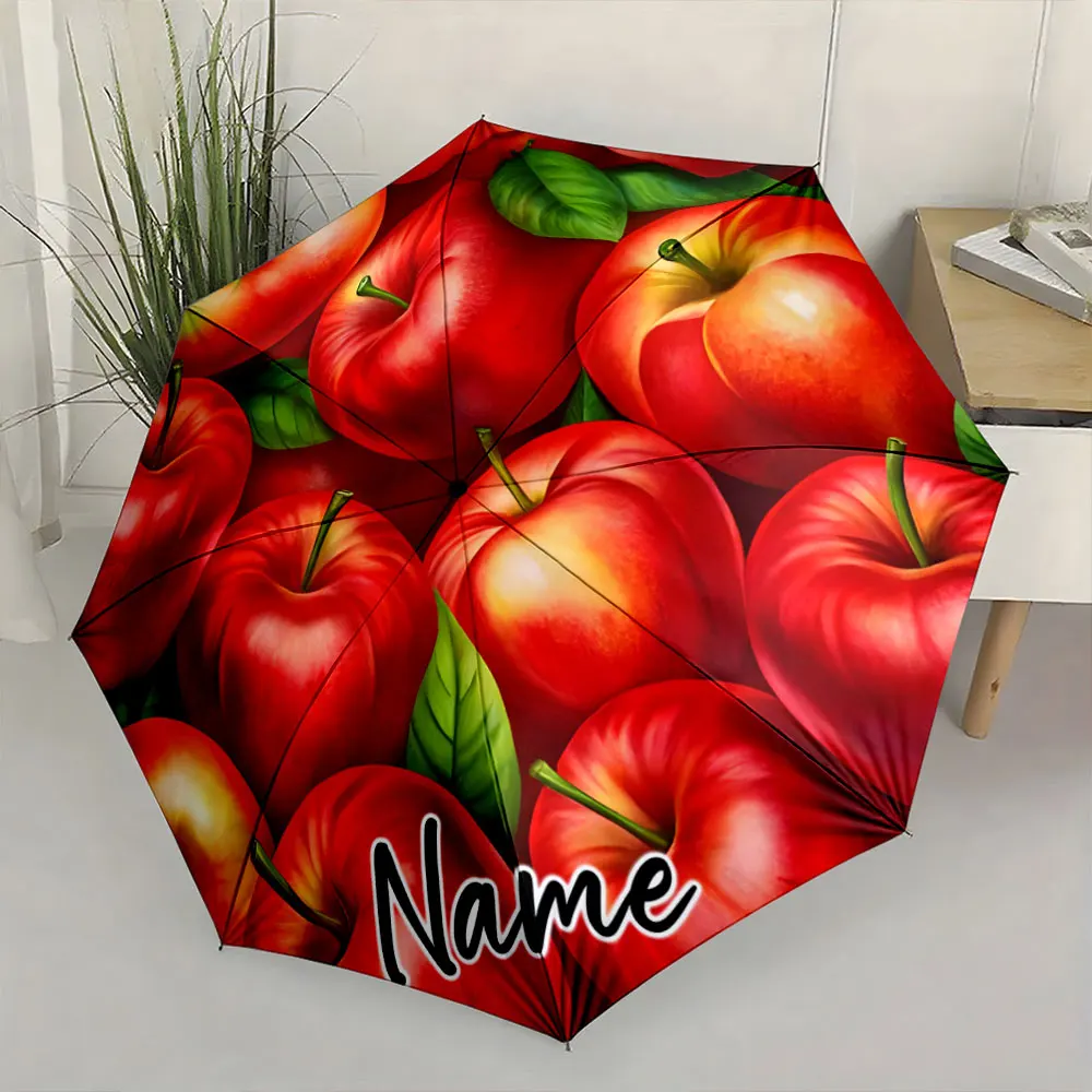 Custom Name Bright Red Apple Pattern Umbrella Print 8 Iron Ribs Folding Umbrella, Auto-Open Fashion Sunshade