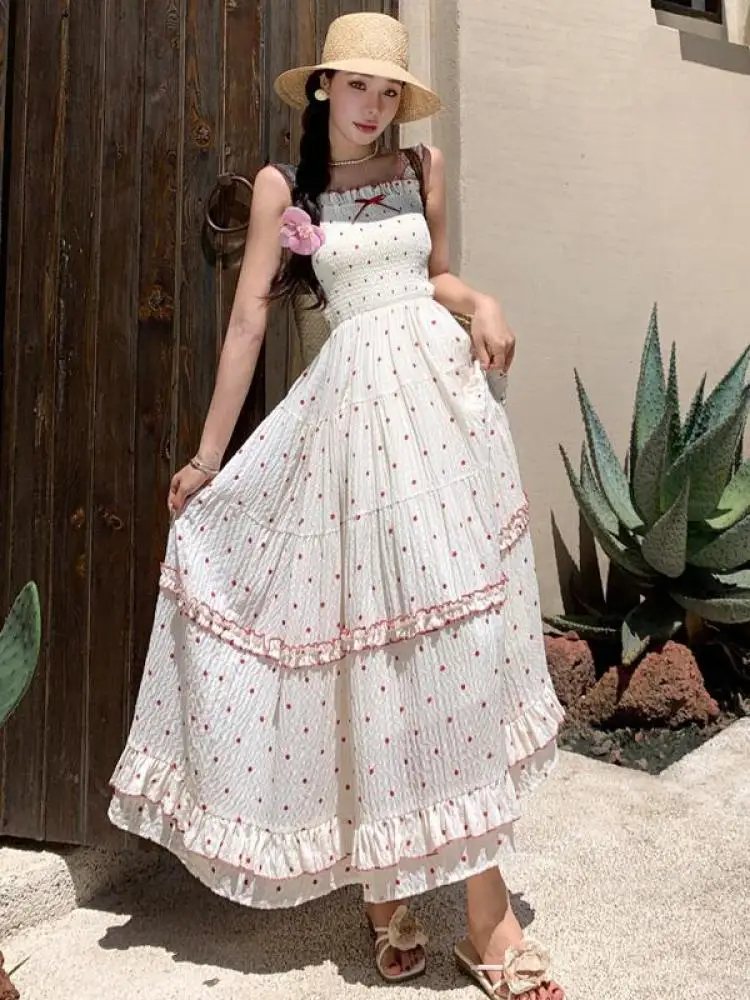 

New Sexy Club White Dot Print Square Collar Slip Long Dresses Women Summer Backless High Waist Ruffles Dress 2024 Vacation Robes