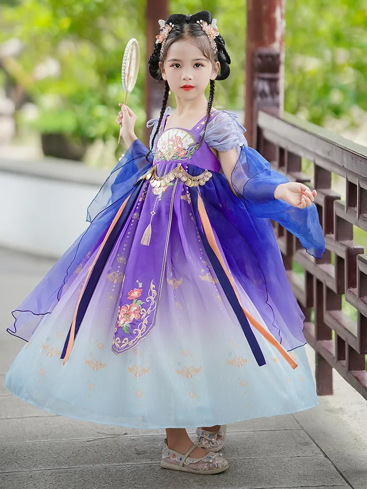 Vestido bordado antiguo de estilo chino para niña, falda larga fina de manga corta y estampado Tang Hanfu exótico, novedad de otoño, 2024