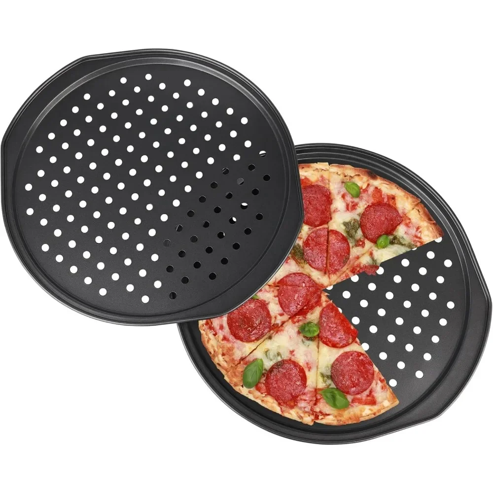 Pizza Pan Non Stick Ro UndOven Tray with Holes Cooking Plate Dishes Holder Baking Tool Carbon Steel Perforated Round Deep Dish