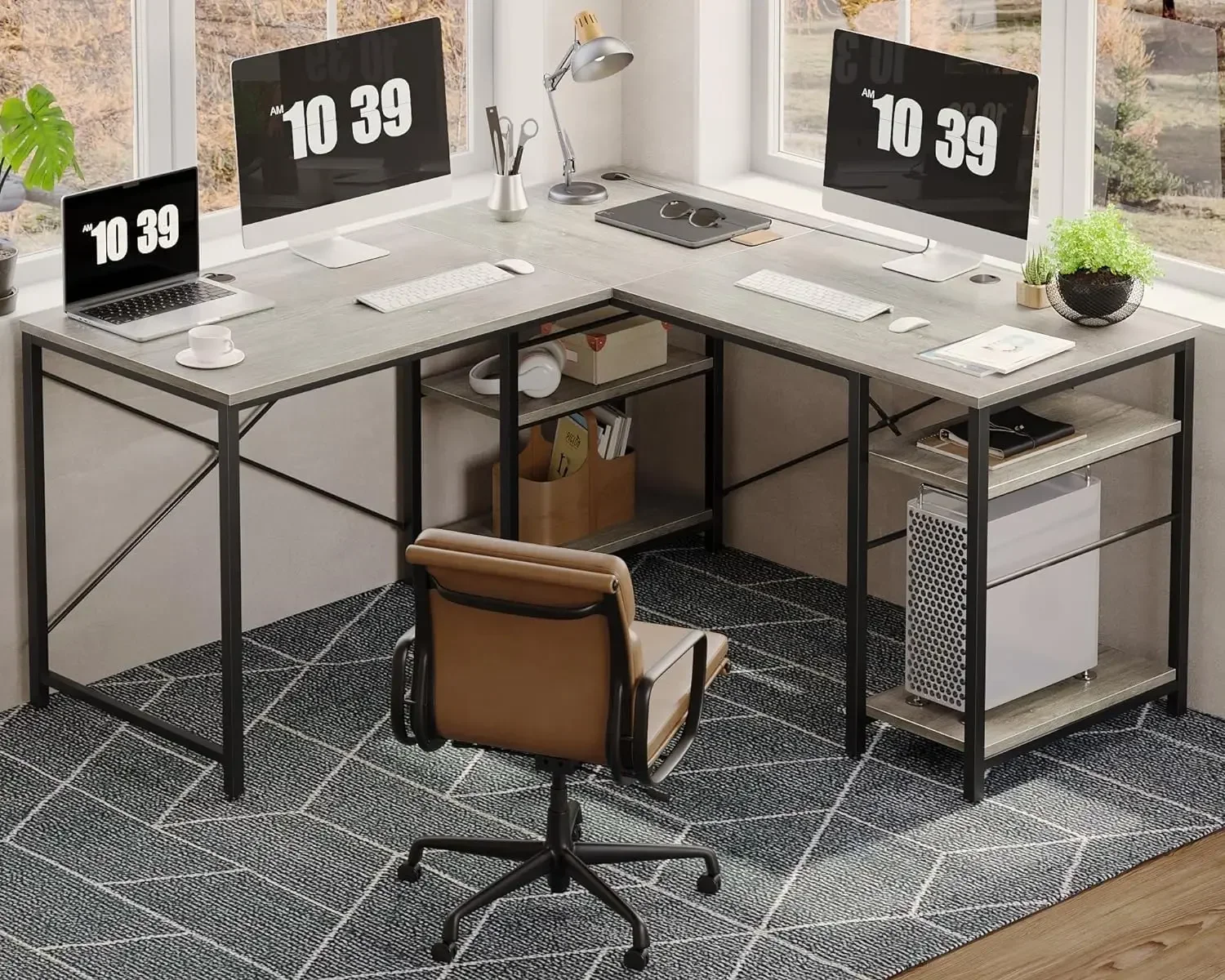 L Shaped Desk, 95.2 Inch Reversible Corner Computer Desk with Shelves, 2 Person Long Table for Home Office