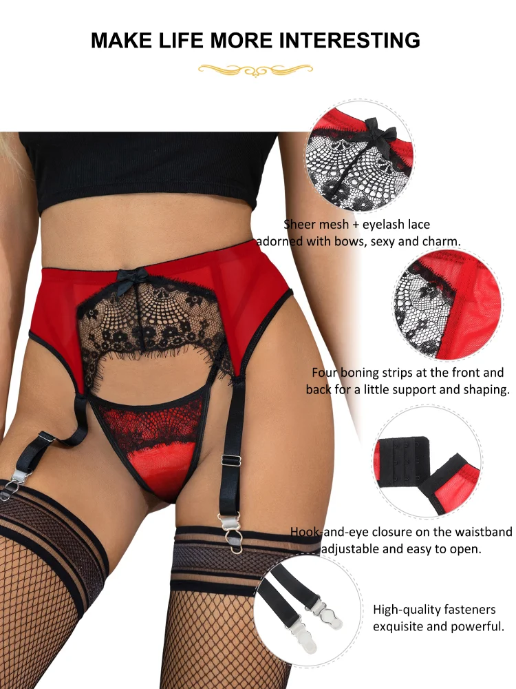 Comeondear Stretchy Women Lace Suspender Belt Mesh Garter Plus Size Sexy Lingerie Set with 4 Wide Strap Strong Clip For Stocking