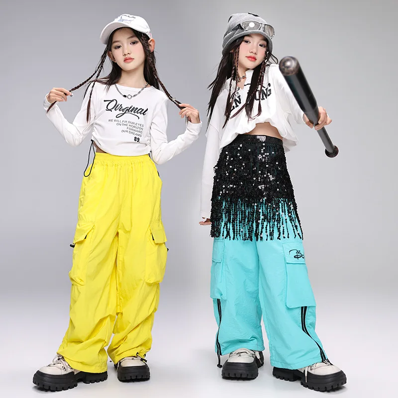 Kid Cool Hip Hop Clothing White Letter Crop Top T Shirt Blue Casual Wide Ruched Cargo Pants for Girl Jazz Dance Costume Clothes