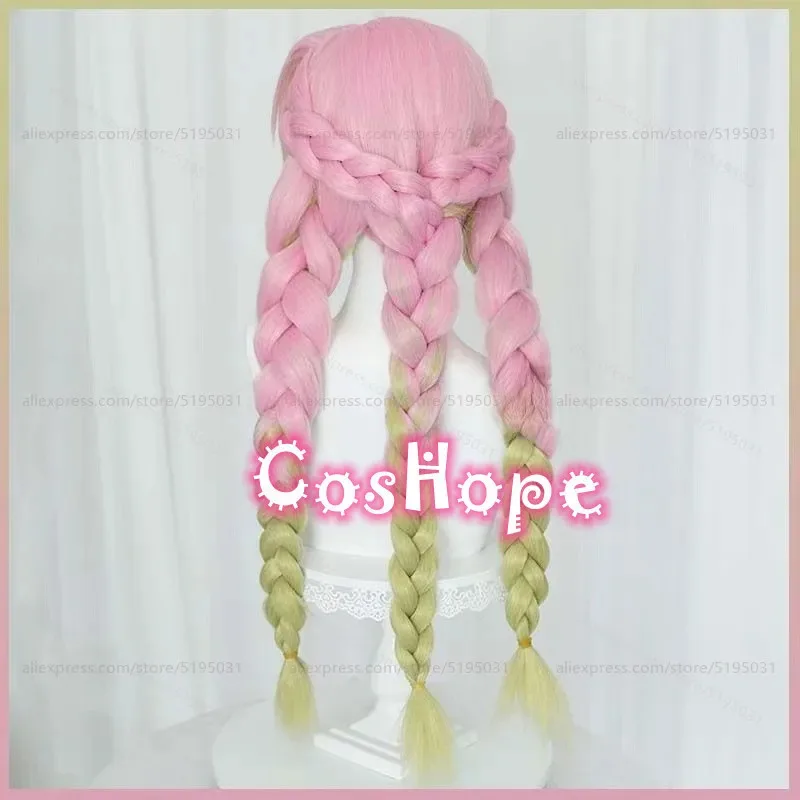 Mitsuri Kanroji Cosplay-Perücke, 80 cm lang, vorgeflochten, rosa, grün, geschichtet, Farbverlaufsperücke, Cosplay, Anime, hitzebeständige synthetische Perücken