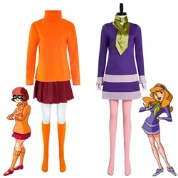 Velma Cosplay pomarańczowy top spódnica skarpetki kostium na Halloween Daphne Cosplay Daphne fioletowa sukienka kostiumy na Halloween dla kobiet